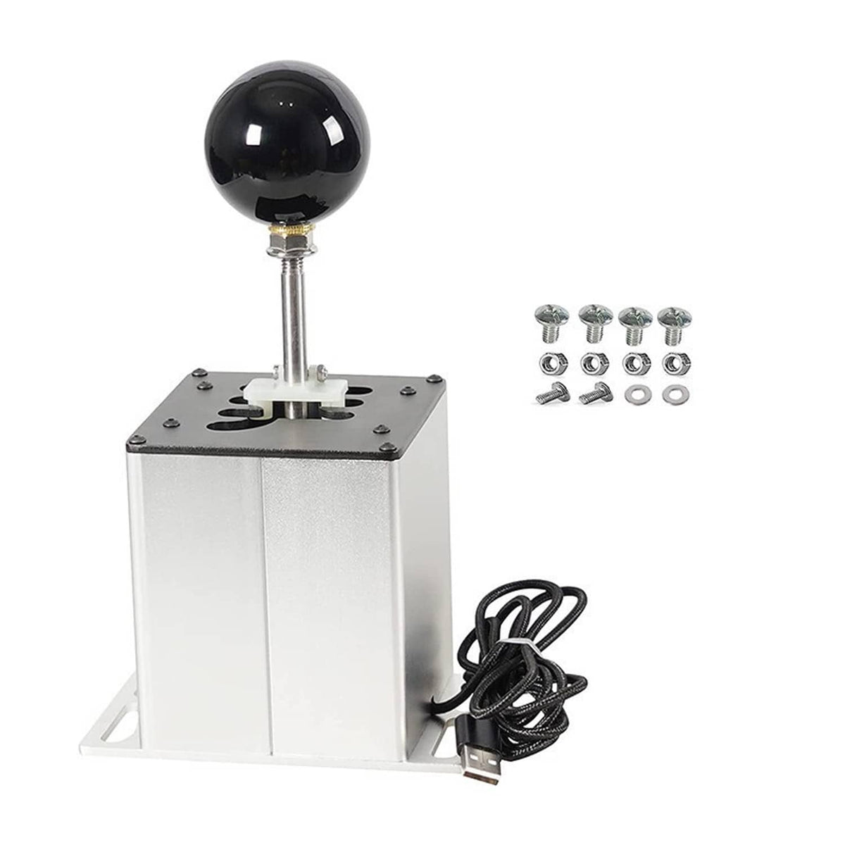 USB gear shifter with black shift knob, white metal base, and included screw and cable set