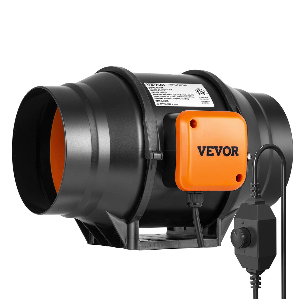 6-inch inline duct fan blower with black housing and orange VEVOR control module
