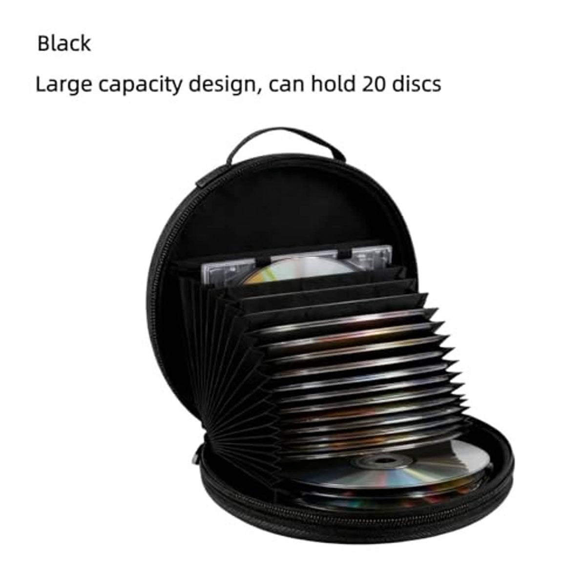 Black zippered CD/DVD case holding stacked discs with open lid