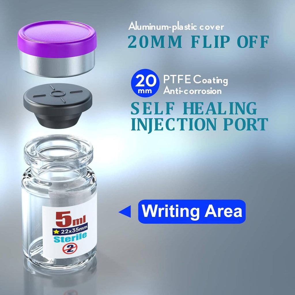 Sterile glass vial with purple flip-off cap, self-healing injection port visible