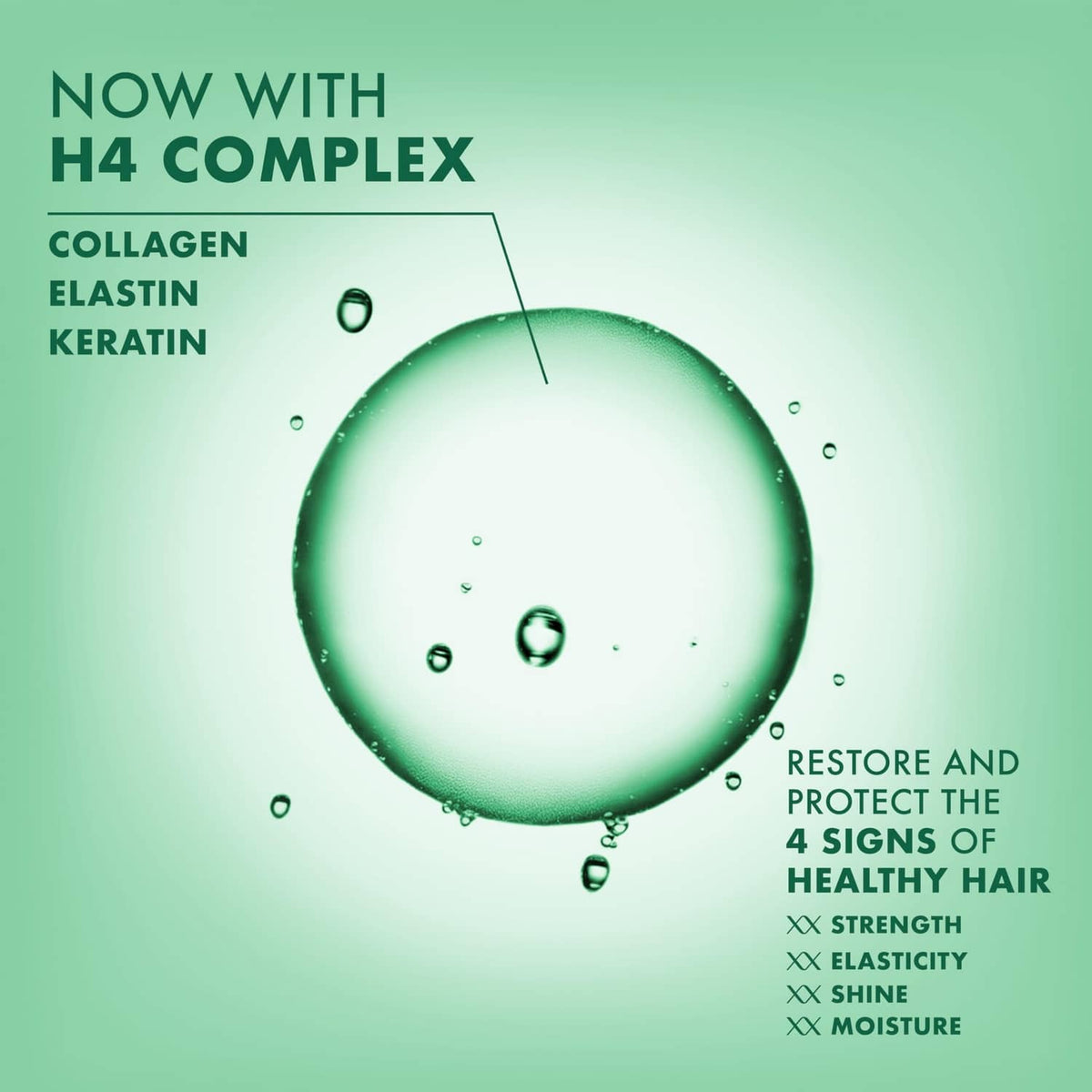 Green H4 complex droplet graphic with healthy-hair icons and restore text