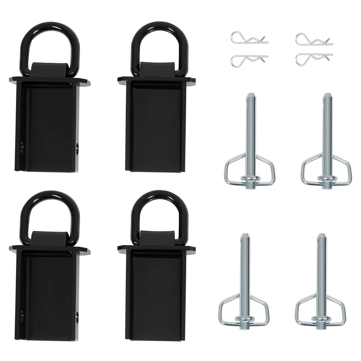 Four-pack removable trailer stake pocket D-ring tie downs with black body and silver pins