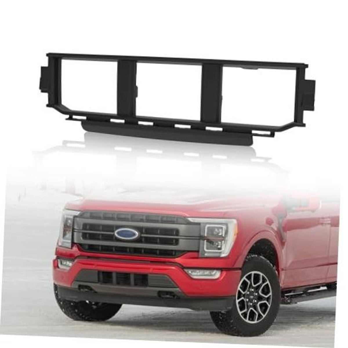 Black front lower center bumper grille on red Ford F-150, front view