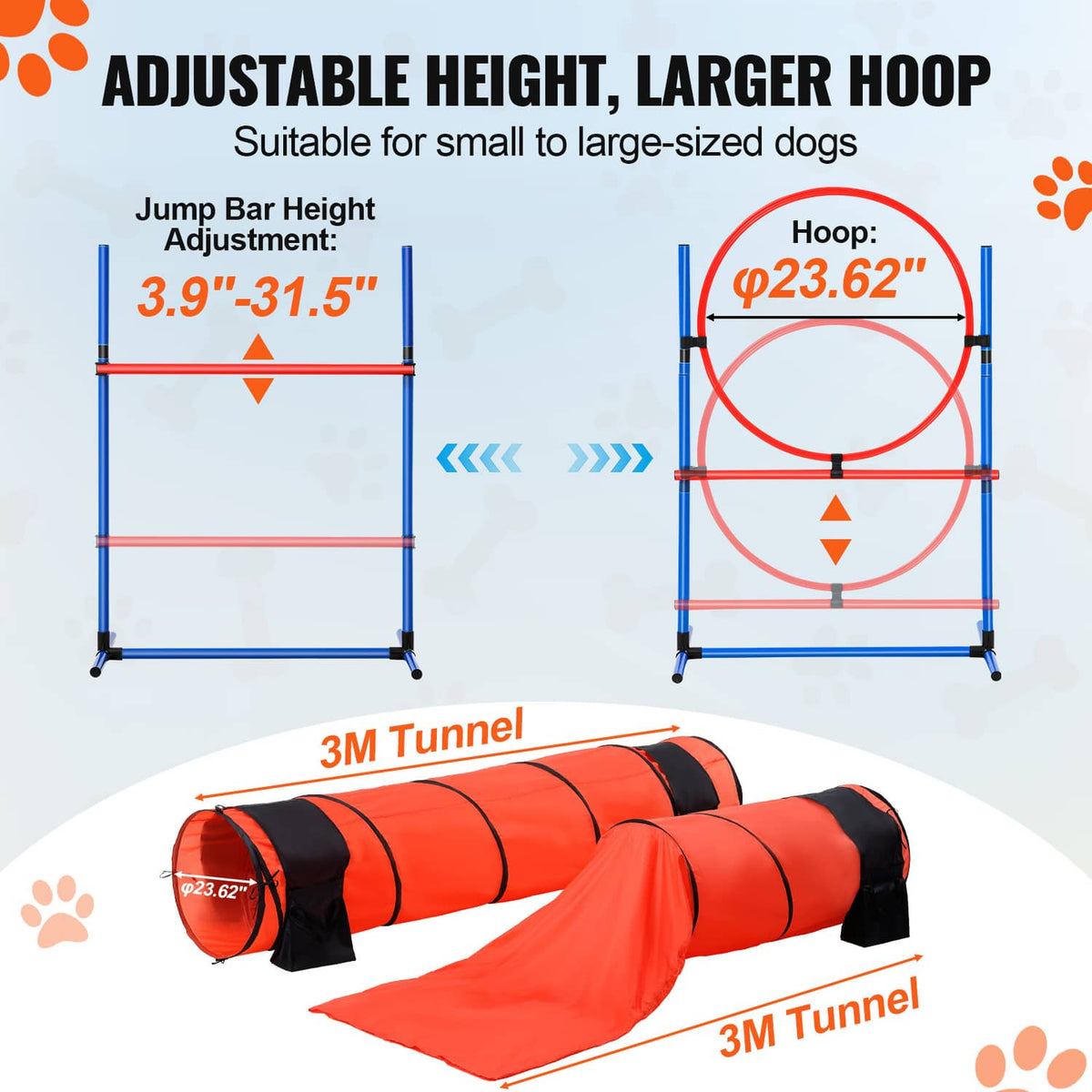 Adjustable hoop jump hurdle and 3M orange crawl tunnel for dog agility training