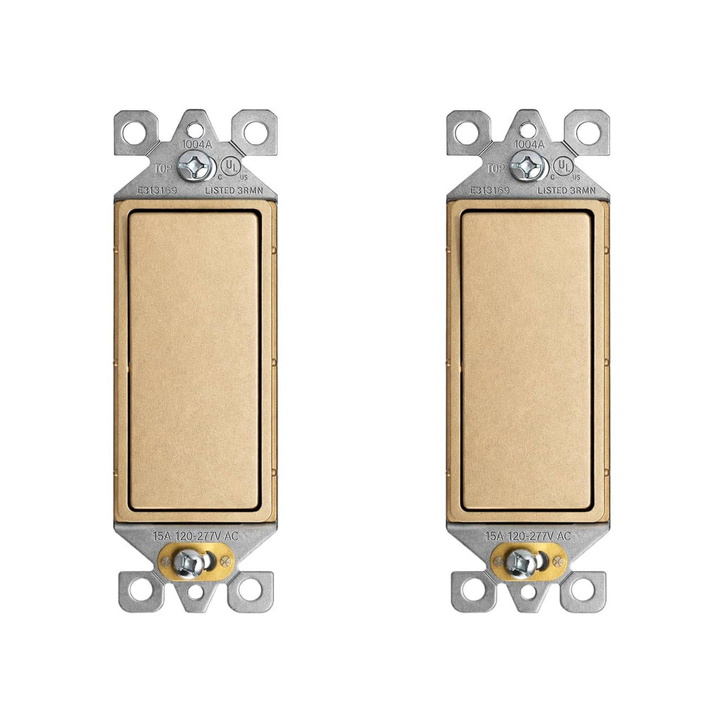 Matte champagne single pole light switch device with mounting yokes, no wall plate.