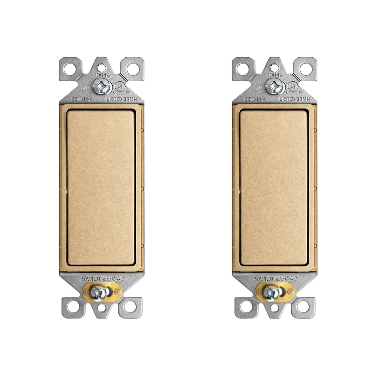 Matte champagne single pole light switch device with mounting yokes, no wall plate.