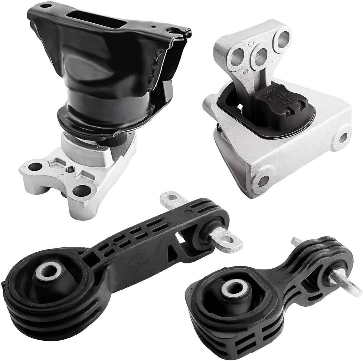 Engine and transmission mount set with black rubber bushings and metal brackets