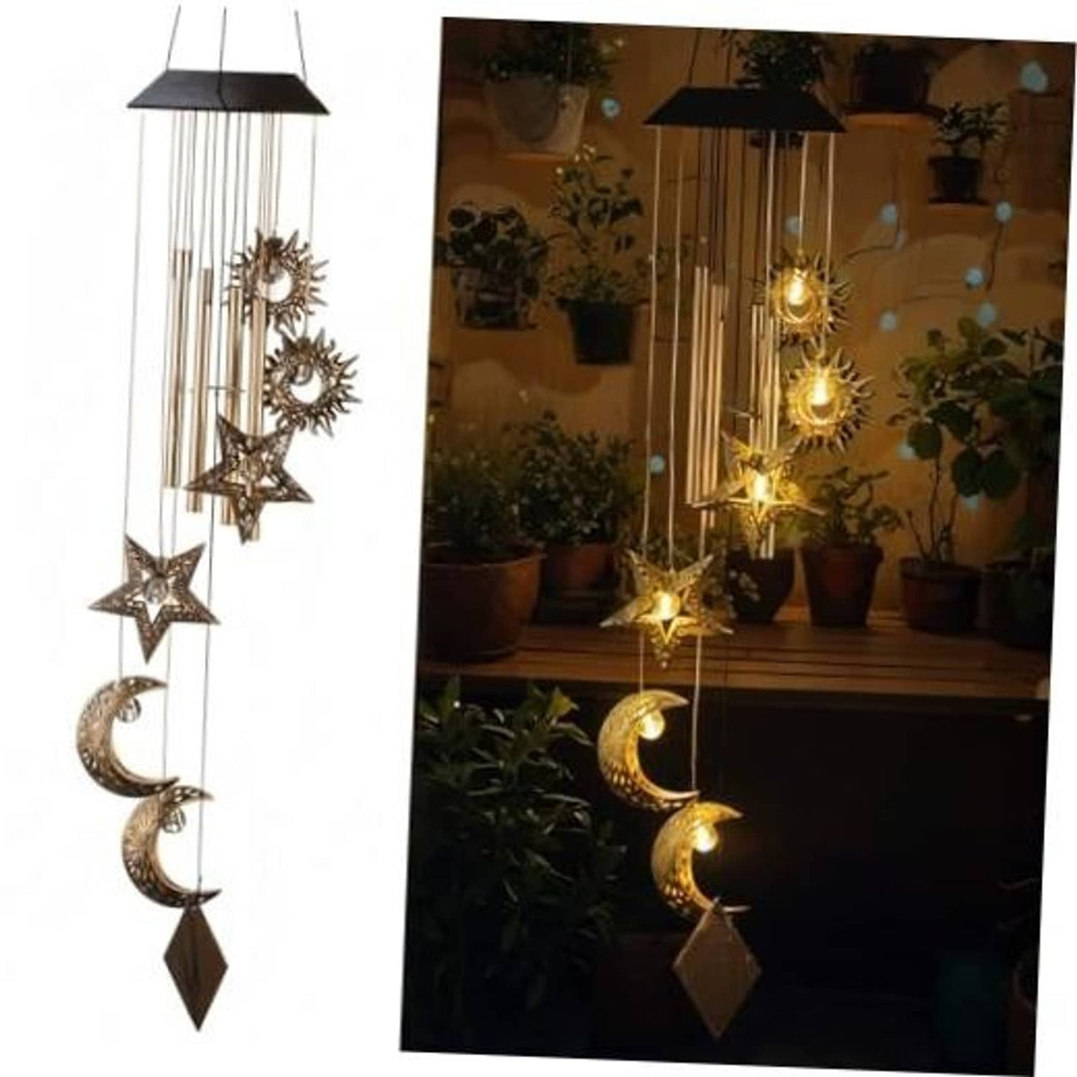 Outdoor solar wind chime with bronze sun, moon, and star hanging ornaments on rods