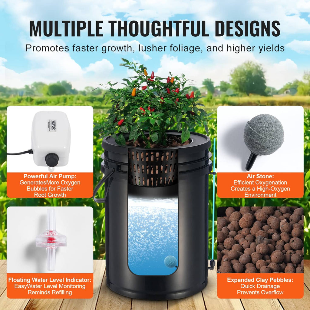 Hydroponic bucket system with air stone, net basket, and water-filled reservoir