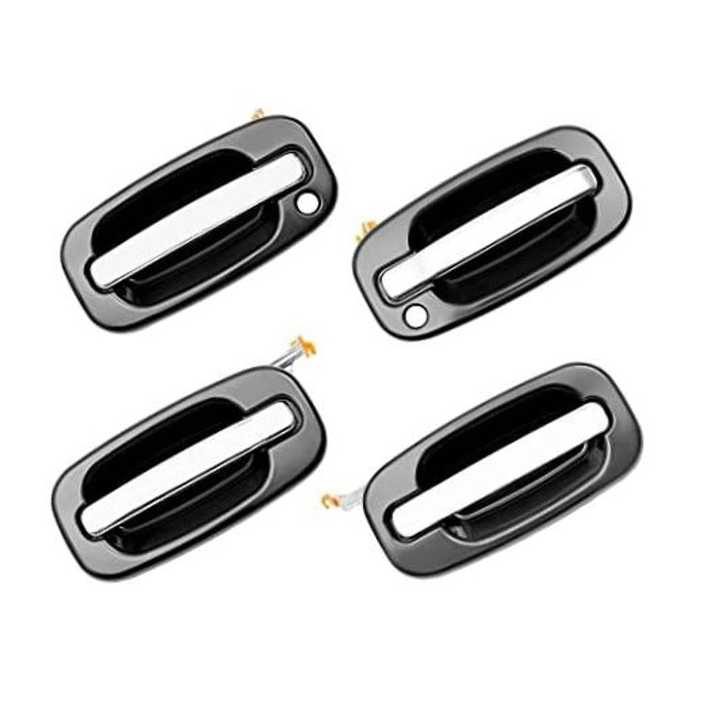 Set of exterior door handle levers with chrome insert and dark housing, four pieces shown