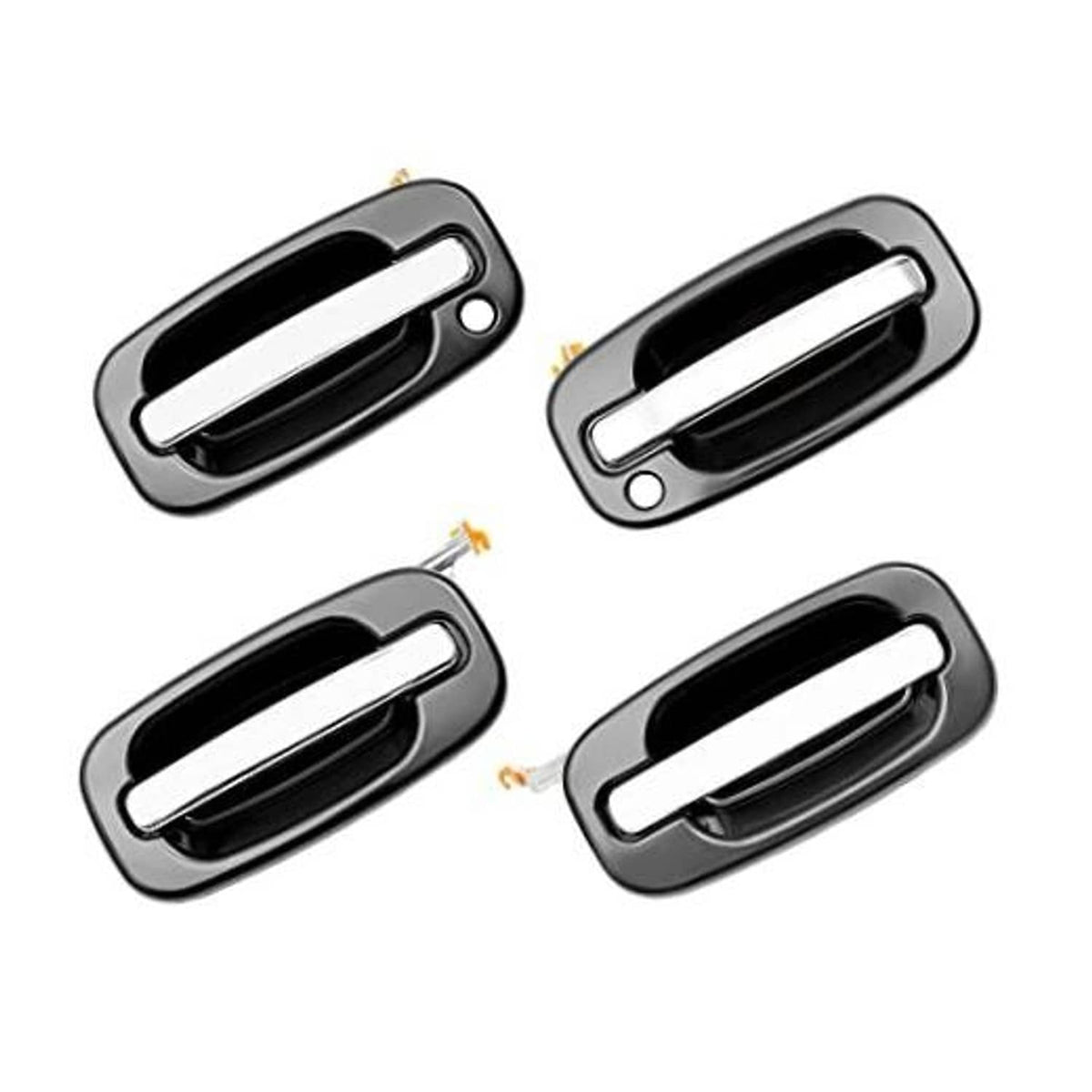 Set of exterior door handle levers with chrome insert and dark housing, four pieces shown