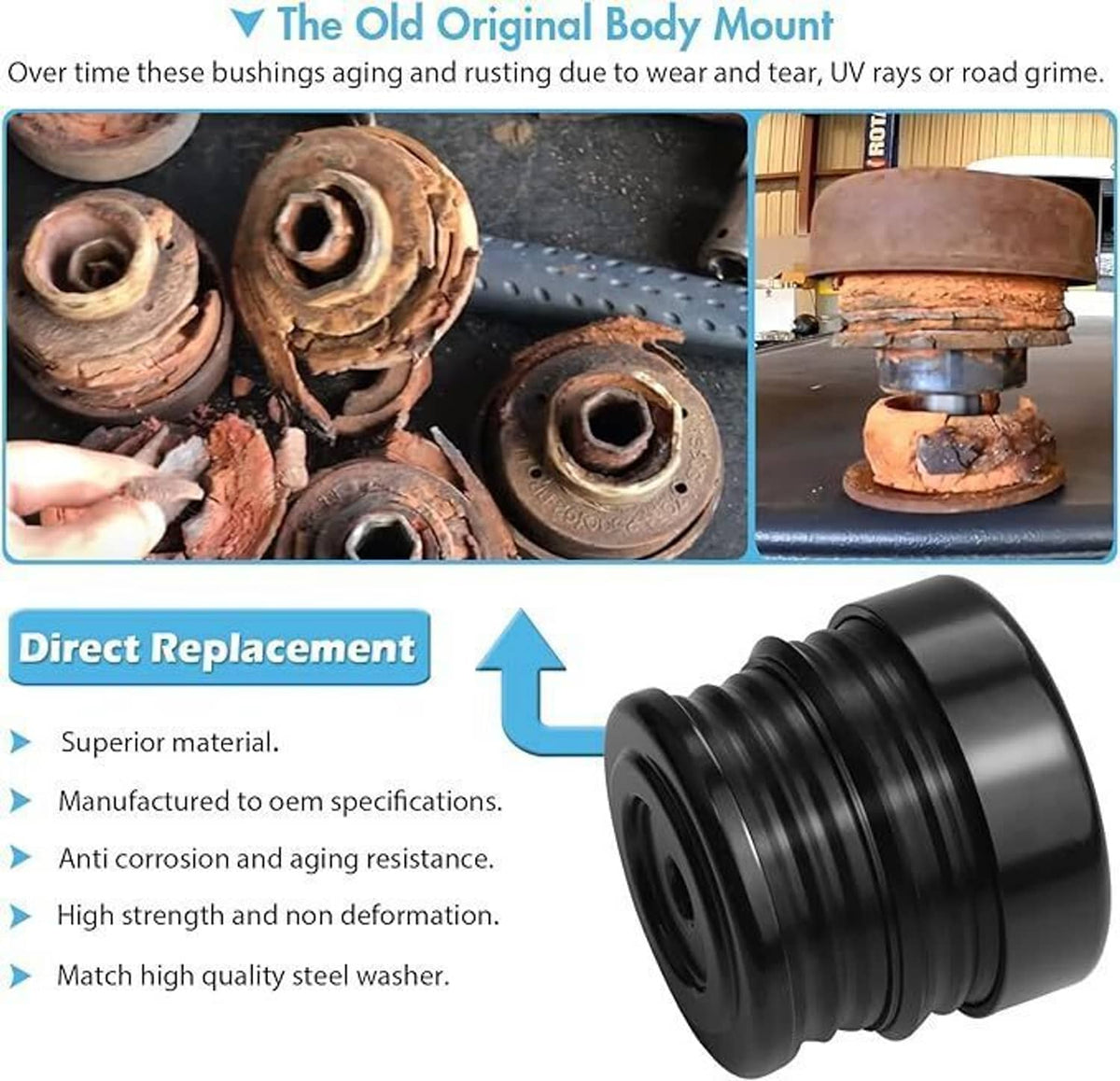 Silicone body mount bushing, black rubber-style sleeve with central hole