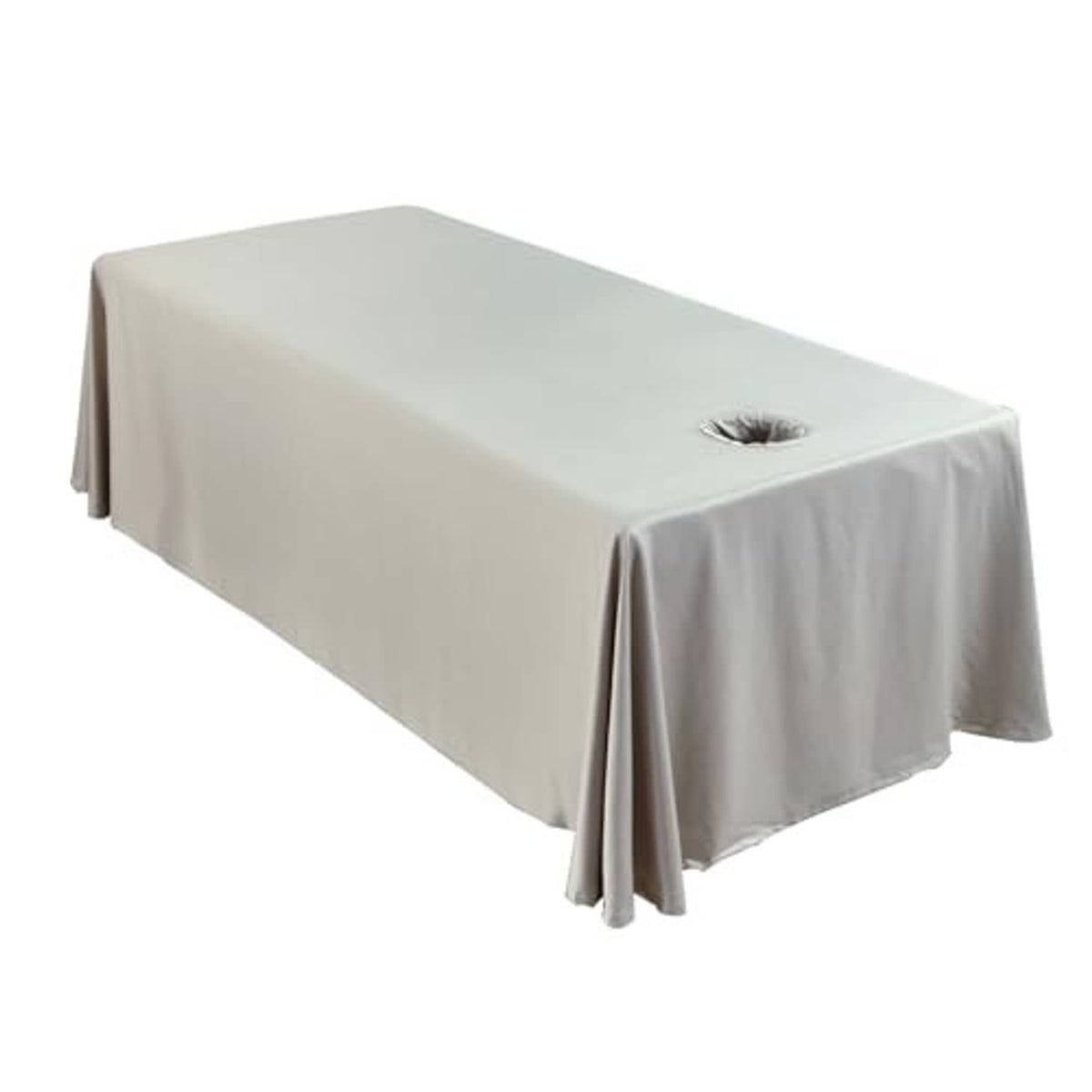 Grey massage table skirt sheet with round face opening, fully draped over sides