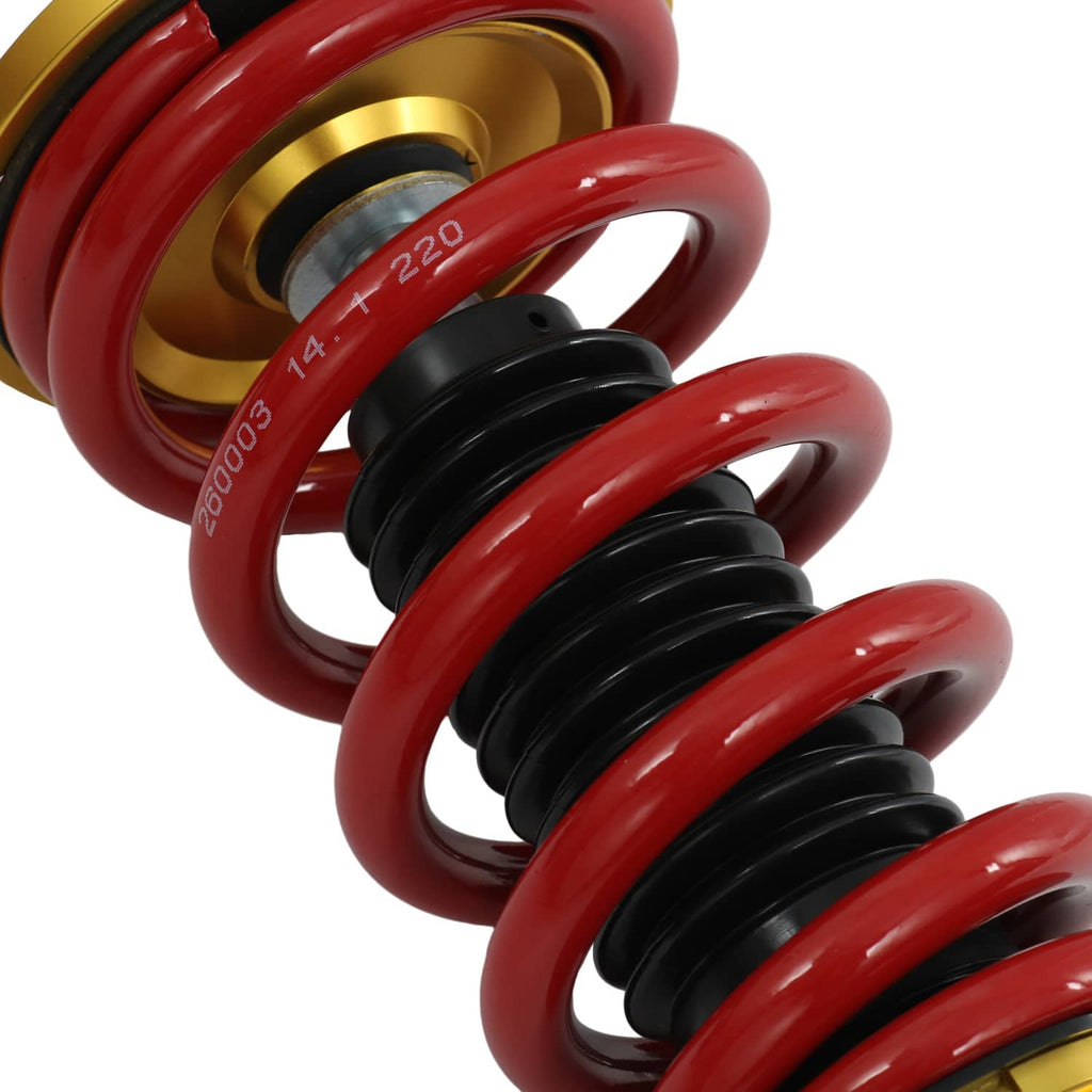 Red coil spring pair with black spring sleeves and gold top hardware