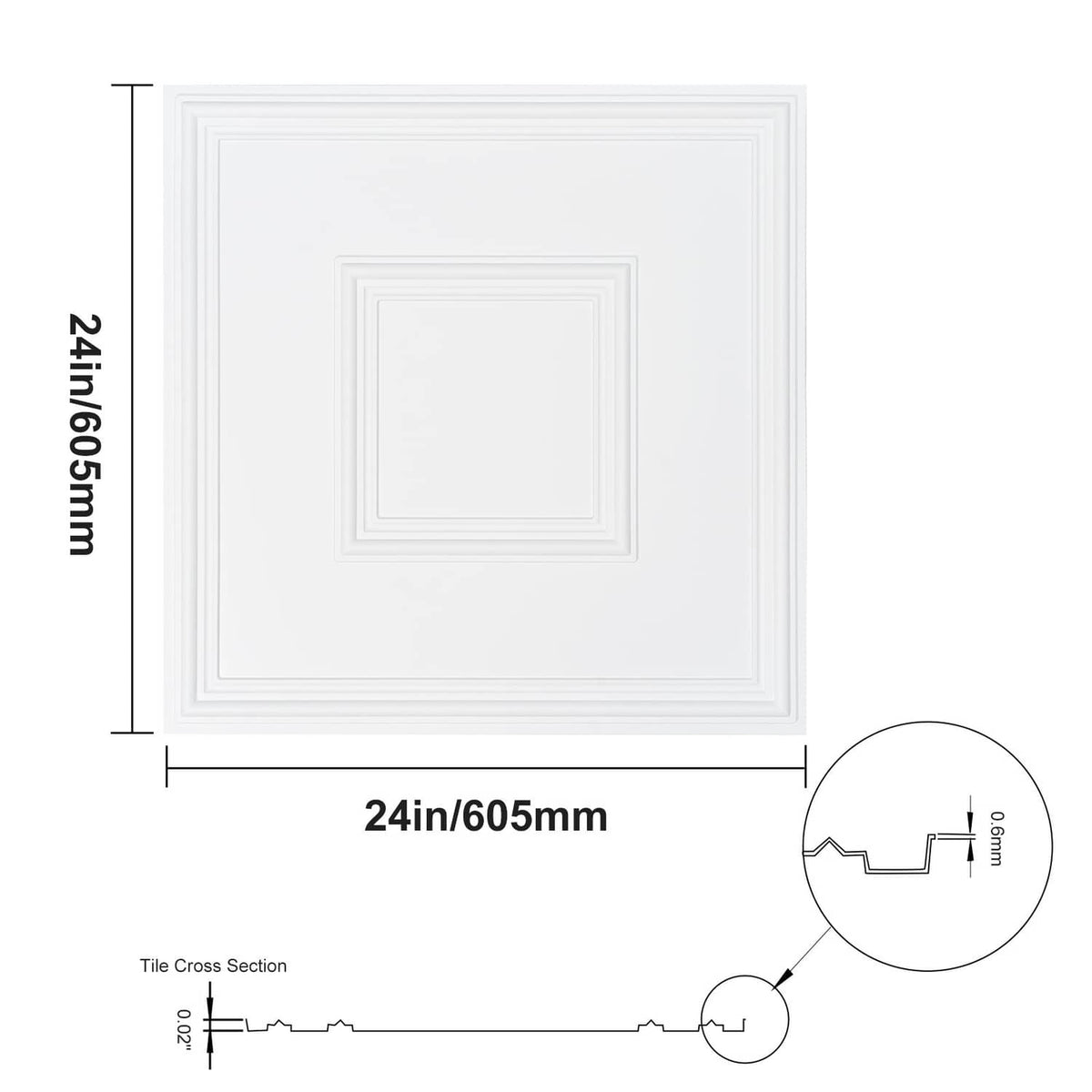 White ceiling tile cross-section with 24 in/605 mm square geometric frame pattern