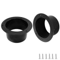 Black ABS duct connector flanges with open circular ports, with screws