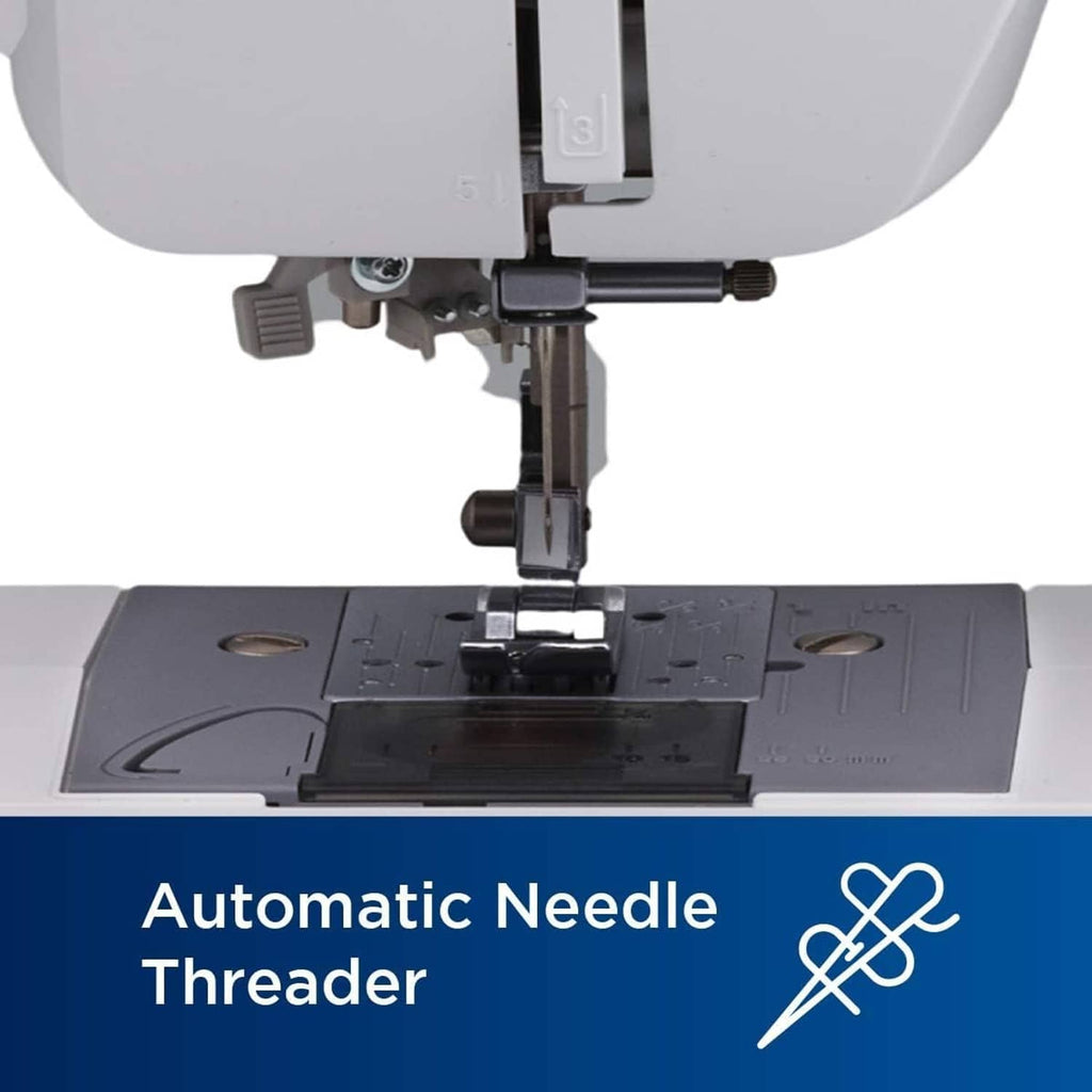 Sewing machine automatic needle threader over needle and presser foot area