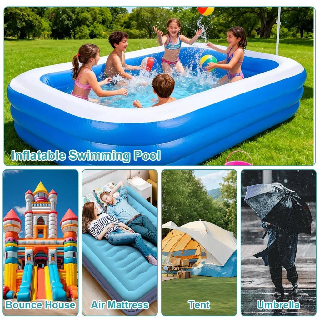 Inflatable pool and accessories use: bounce house, air mattress, tent, umbrella patch repair.