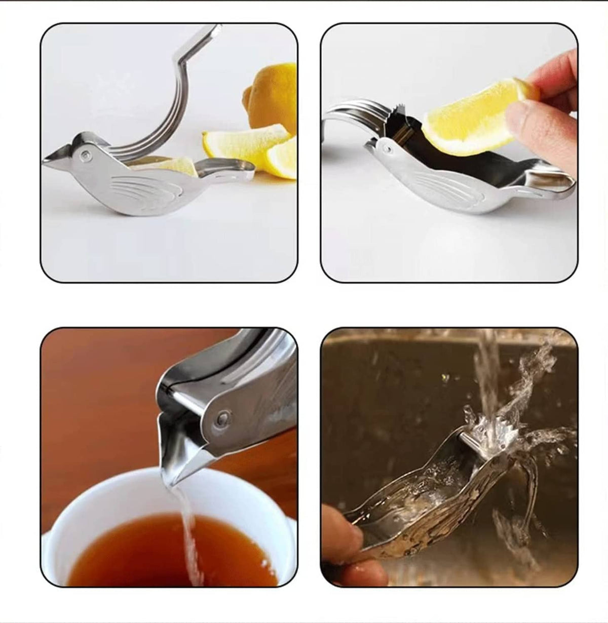 Bird-shaped lemon squeezer shown pressing a citrus half and draining juice