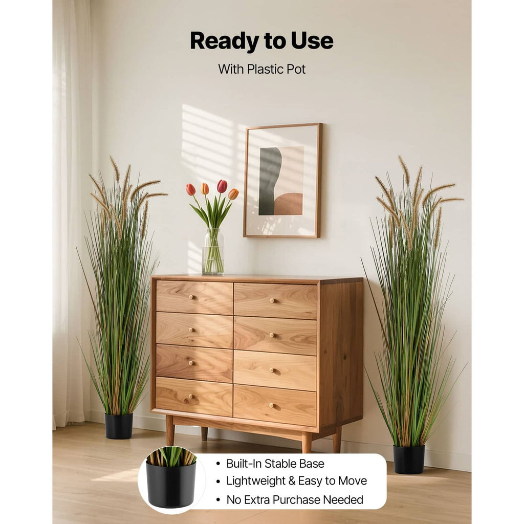 Ready-to-use artificial horsetail grass plants in black plastic pots, green and tan