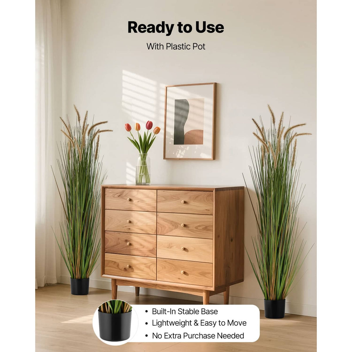 Ready-to-use artificial horsetail grass plants in black plastic pots, green and tan