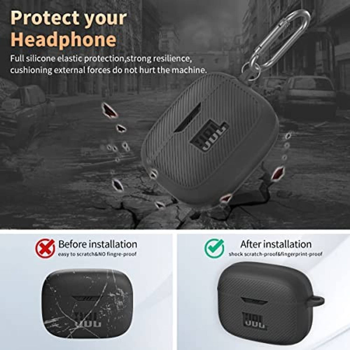 Black silicone earbud case cover with JBL logo, textured protective grip