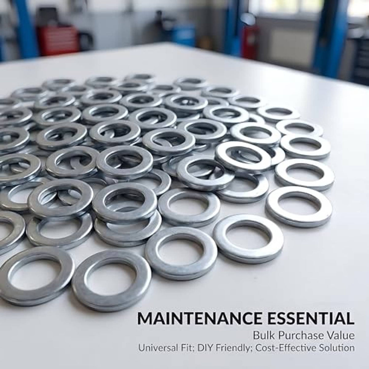 Bulk pile of aluminum drain plug crush washers, flat silver rings