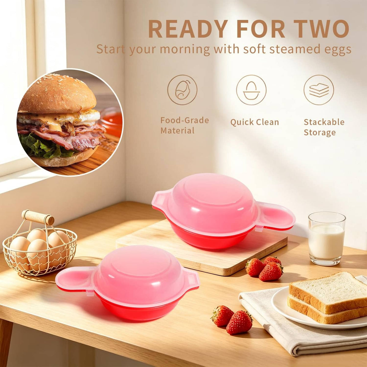 Two pink dome-lid microwave egg makers with red bases on a countertop