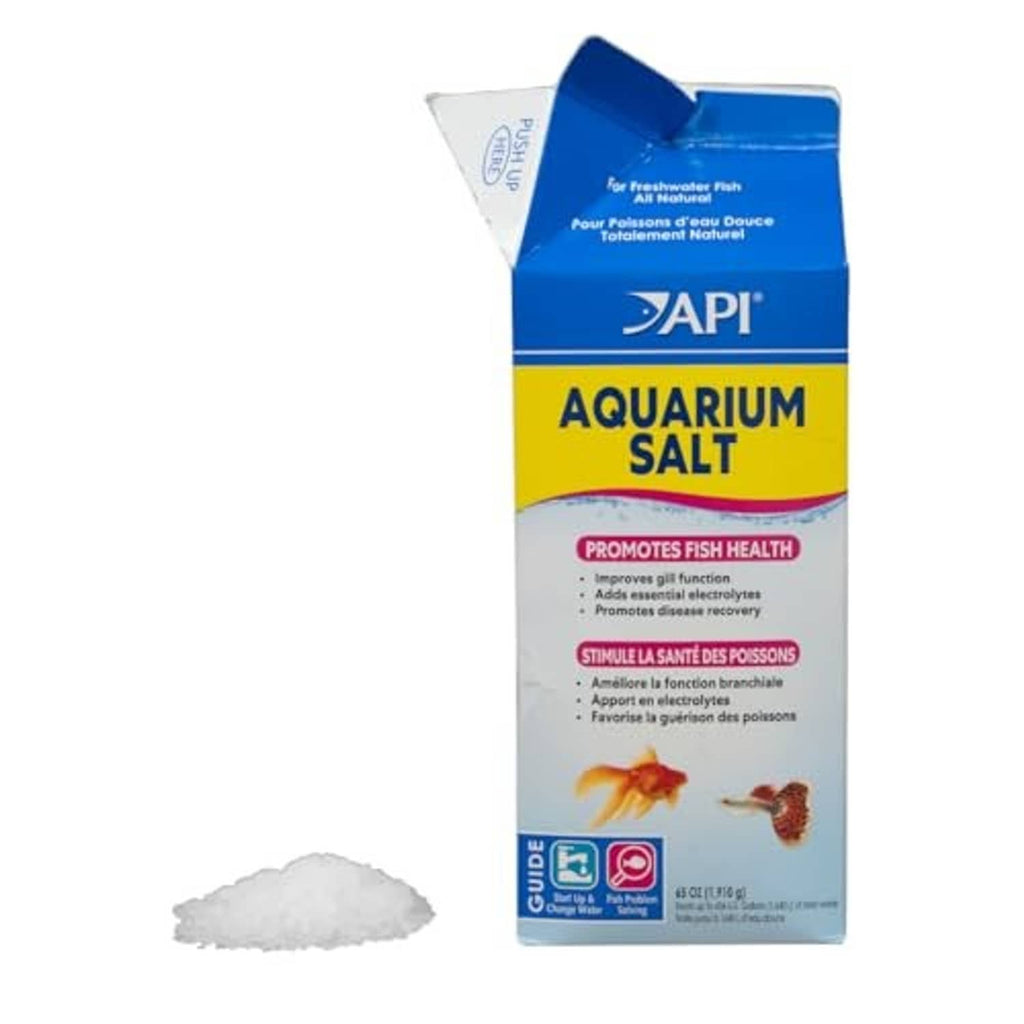 Aquarium salt box with pile of salt crystals for freshwater aquariums, API blue-yellow pack