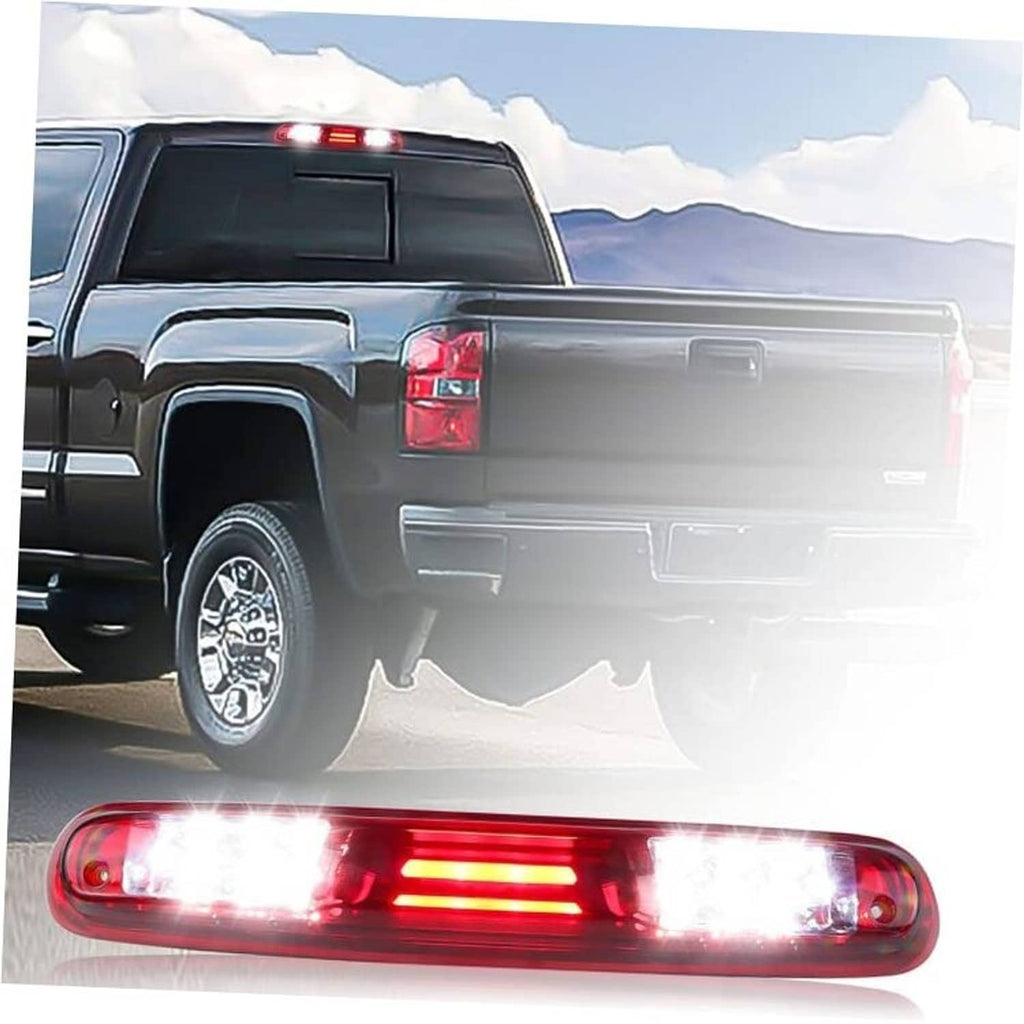 LED tail light assembly with red lens, clear LED strips, chrome reflector, mounted on vehicle