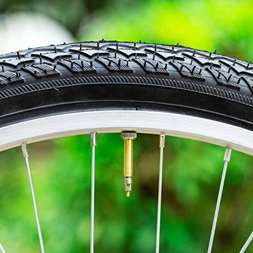 Gold tubeless valve stem on bike wheel rim between spokes