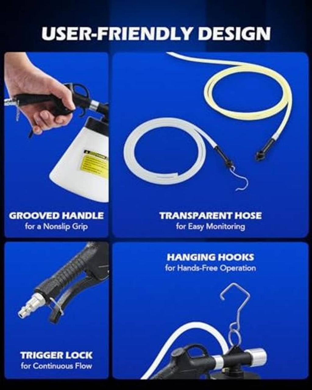 Brake bleeder kit design features: grooved handle, transparent hose, and hanging hooks