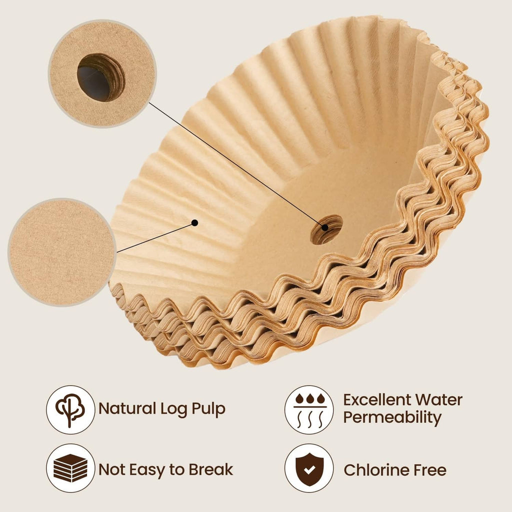 Large light-tan coffee filter with wavy rim and three visible pre-punched holes