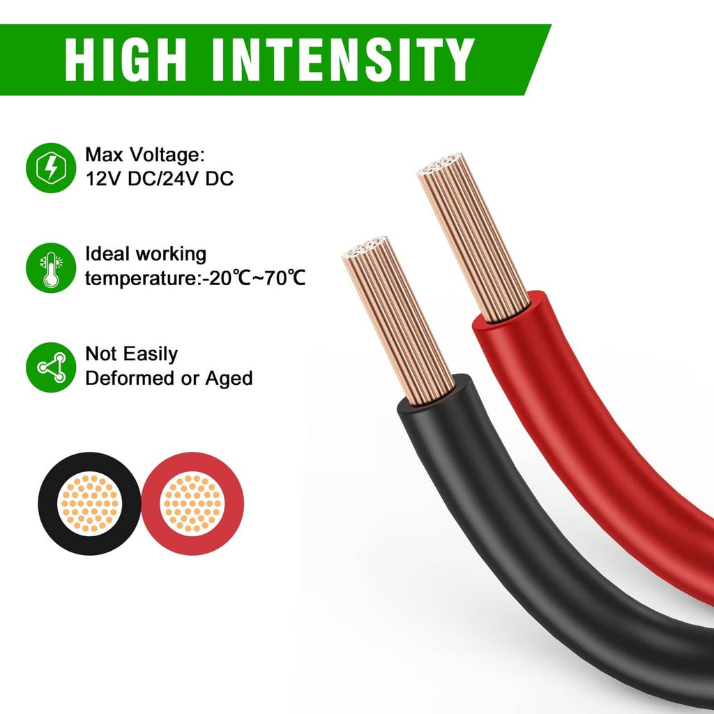 Red and black electrical wire with copper-clad conductors and PVC outer jacket ends