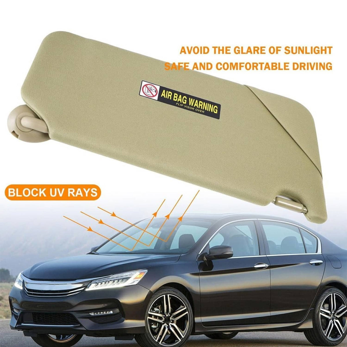 Beige sun visor with illuminated vanity mirror and fold-out panel