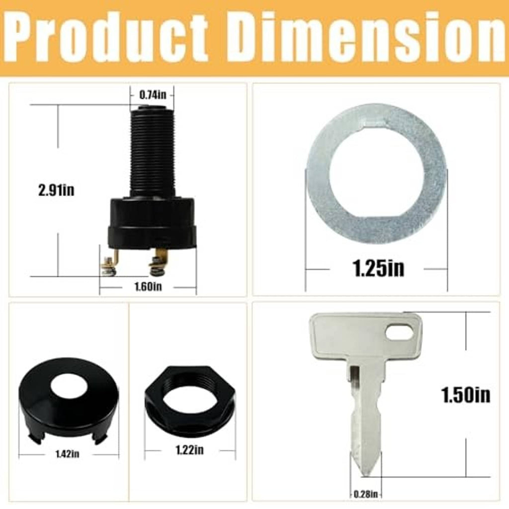 Key switch size diagram with thread length and washer dimensions, front and key views
