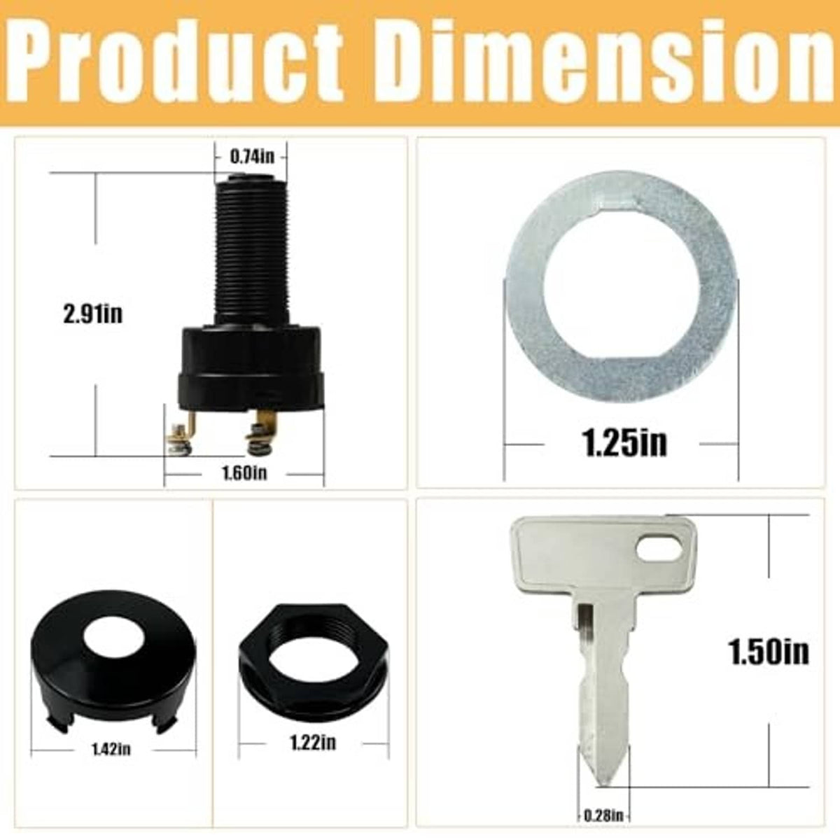 Key switch size diagram with thread length and washer dimensions, front and key views