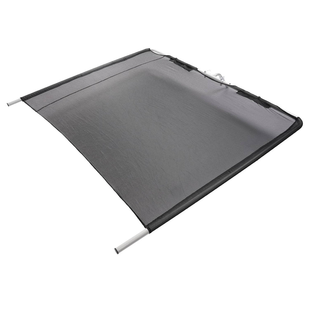Diagonal view of dark gray boat sun shade mesh with silver aluminum support legs