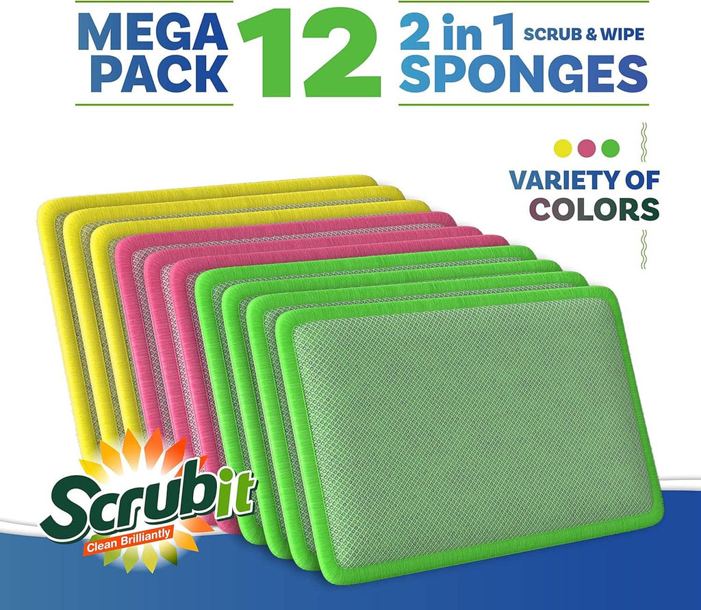 12-pack scrub and wipe sponge pads in multiple colors, stacked for storage