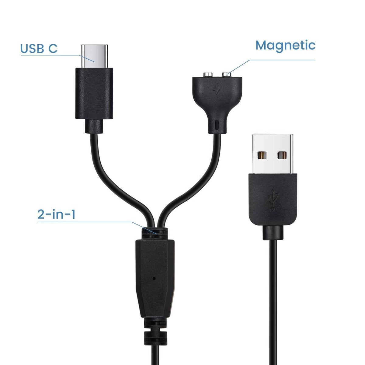 Black USB charger cable with magnetic connector and Y-split for collar charging