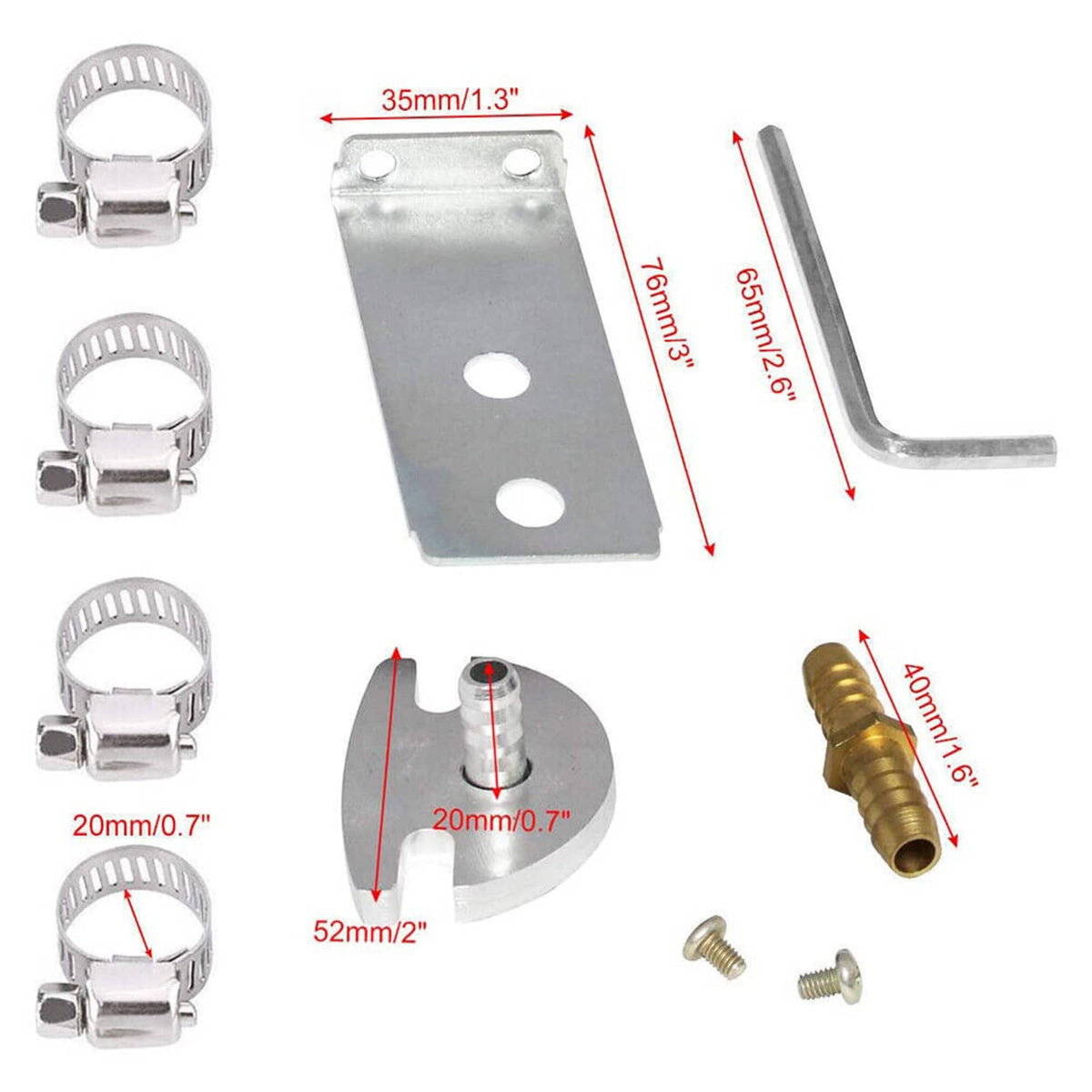 Metal mounting brackets, clamps, and fittings with a 90-degree brass connector