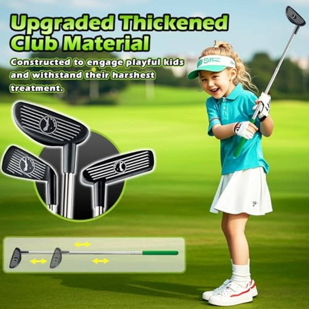 Kids toy golf set with 3 club heads and dinosaur ball returner on green play mat
