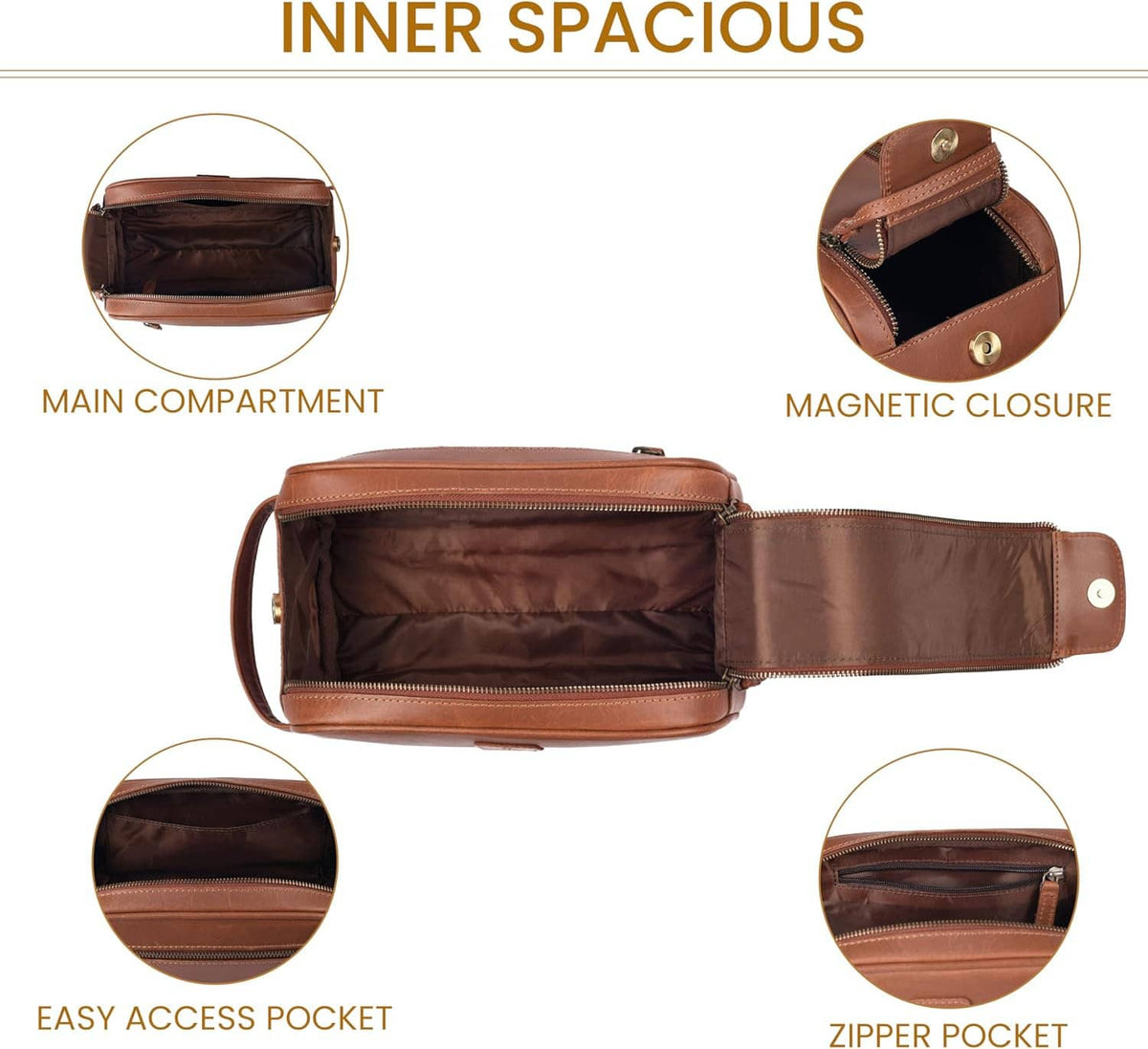 Brown leather toiletry bag open to show main compartment and interior pockets