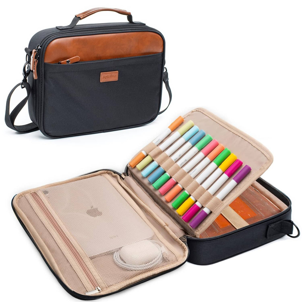 Aplufine medium Bible cover with pen slots, black exterior, open interior with pen rolls