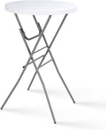 White round high-top folding cocktail table with gray cross-braced legs