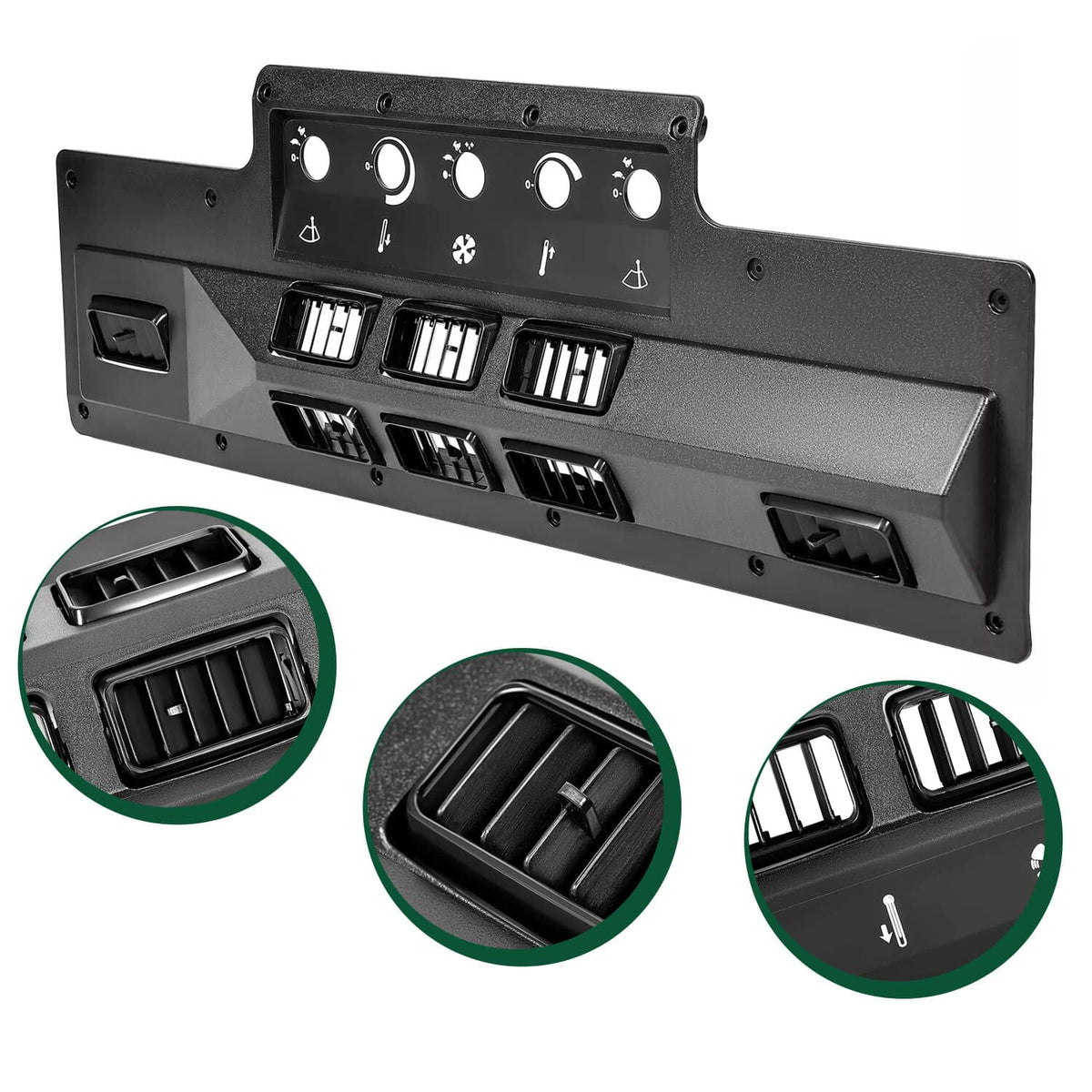 A/C heat control panel bezel with vent cluster and control dials on dark housing