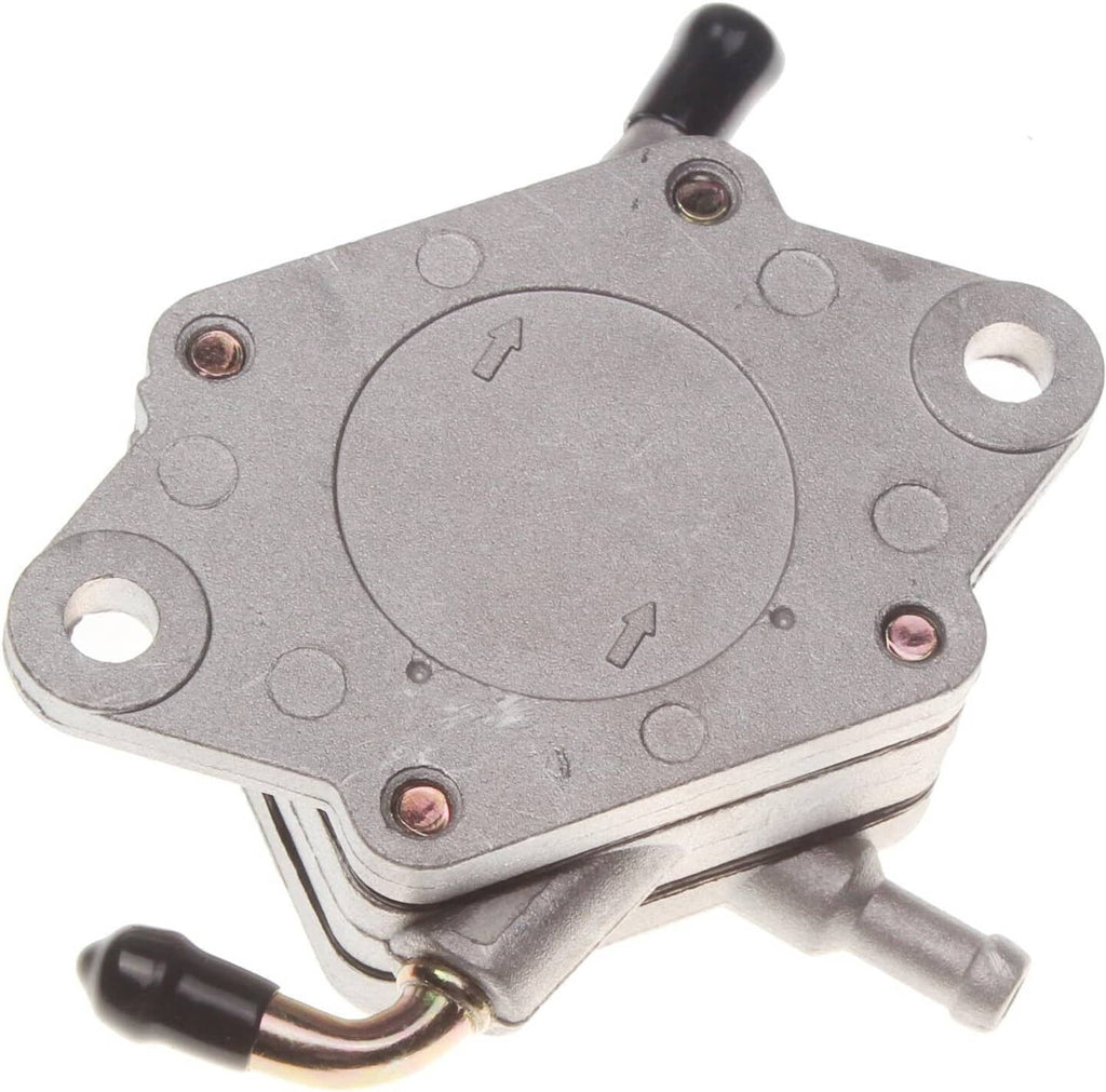 Fuel pump underside with circular cover, screws, and black fuel line connector