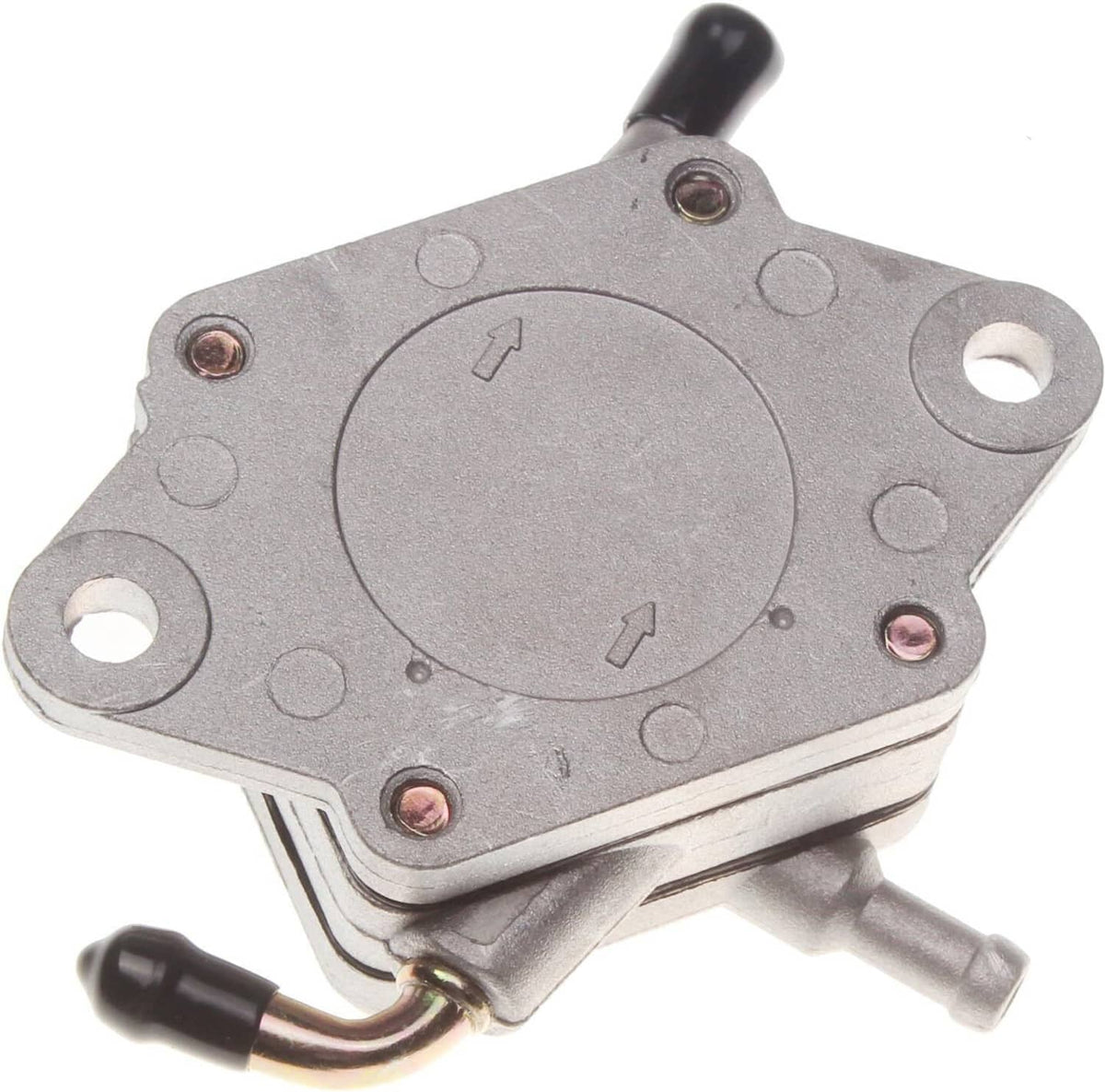 Fuel pump underside with circular cover, screws, and black fuel line connector