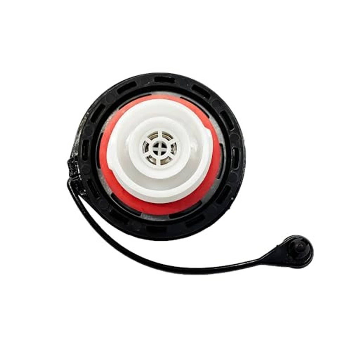 Gas tank cap seal assembly with white center, orange ring, and black outer housing