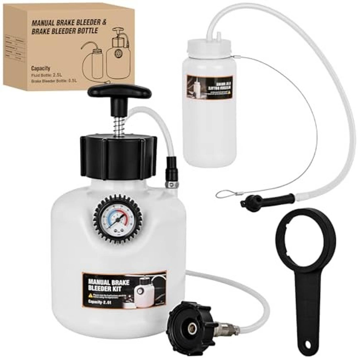Manual brake bleeder kit with white reservoir, black handle, pressure gauge, and hoses